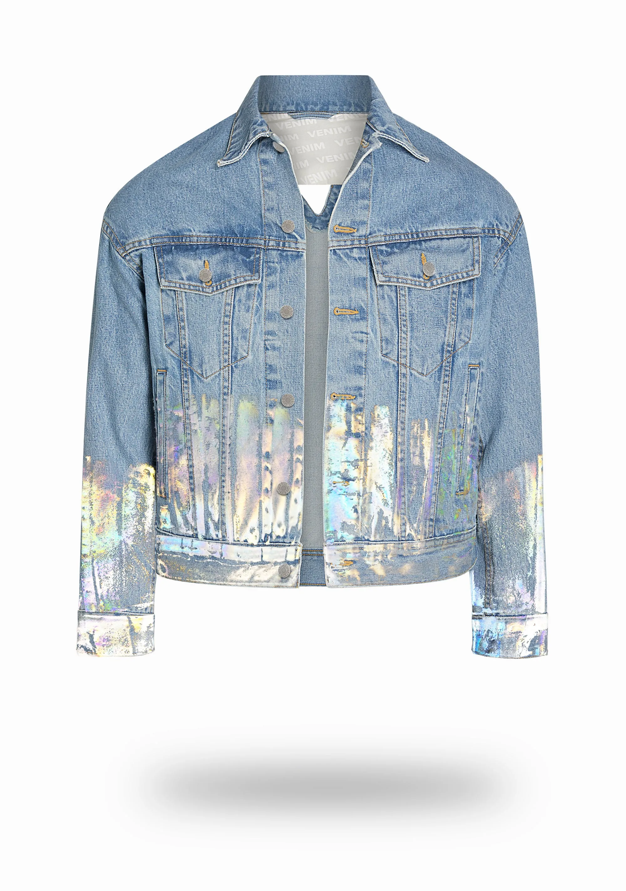 Shorter Light Wash Denim Jacket with Holographic Foil