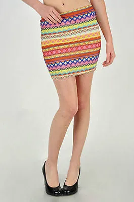 Skirt Mini Ikat Colorful Pastel Zig Zag Embroidered Woven Summer Stretch