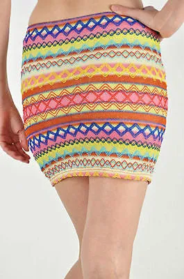 Skirt Mini Ikat Colorful Pastel Zig Zag Embroidered Woven Summer Stretch