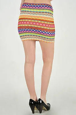 Skirt Mini Ikat Colorful Pastel Zig Zag Embroidered Woven Summer Stretch