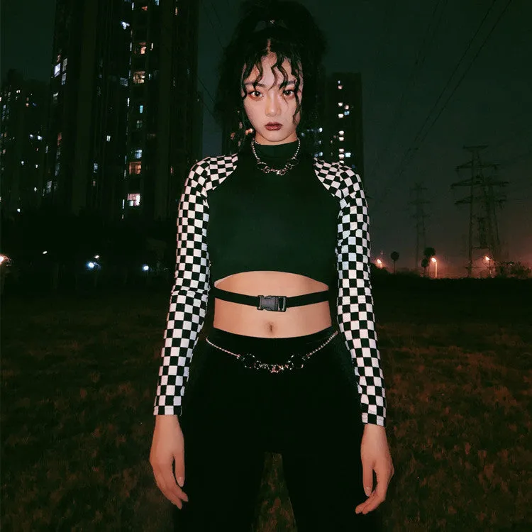 Splicing checkerboard patchwork plaid belt buckle crop top sexy long sleeves women gothic T-shirt