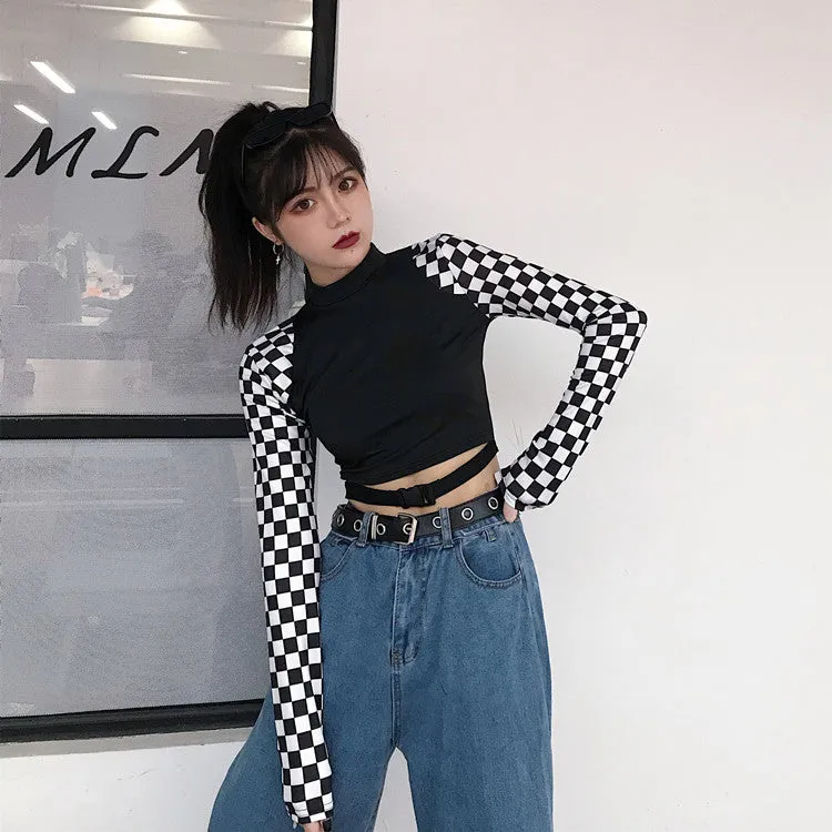 Splicing checkerboard patchwork plaid belt buckle crop top sexy long sleeves women gothic T-shirt