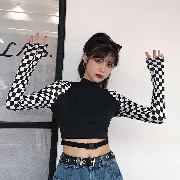 Splicing checkerboard patchwork plaid belt buckle crop top sexy long sleeves women gothic T-shirt