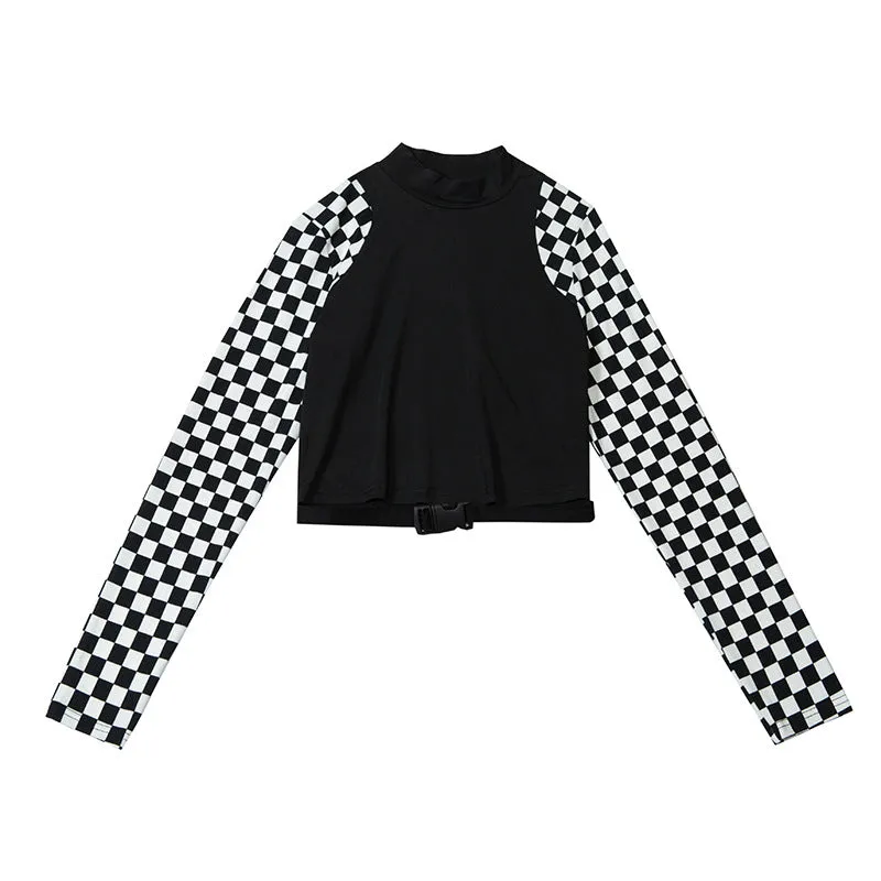 Splicing checkerboard patchwork plaid belt buckle crop top sexy long sleeves women gothic T-shirt