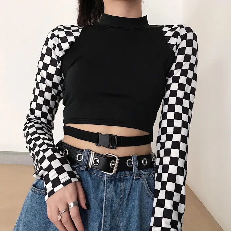 Splicing checkerboard patchwork plaid belt buckle crop top sexy long sleeves women gothic T-shirt