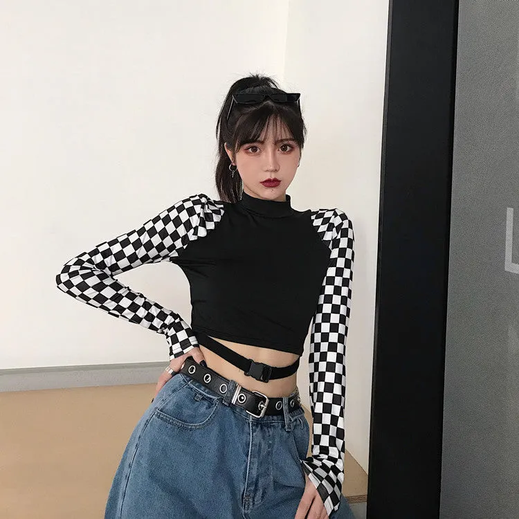 Splicing checkerboard patchwork plaid belt buckle crop top sexy long sleeves women gothic T-shirt