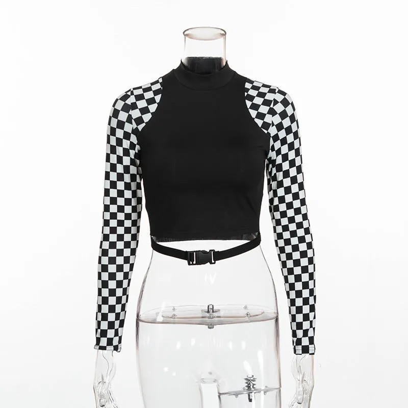 Splicing checkerboard patchwork plaid belt buckle crop top sexy long sleeves women gothic T-shirt