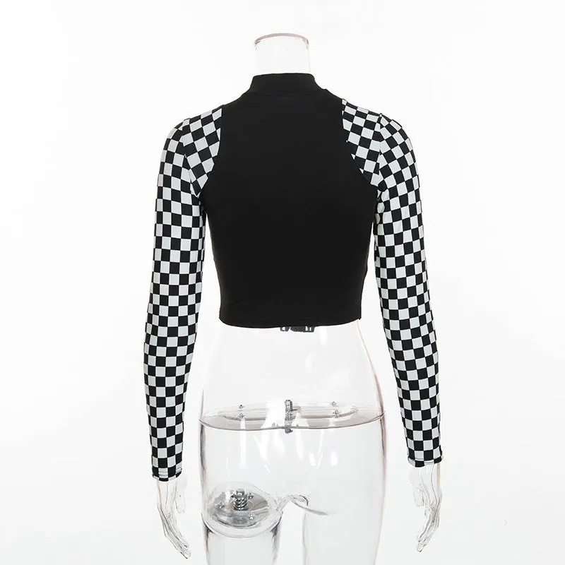 Splicing checkerboard patchwork plaid belt buckle crop top sexy long sleeves women gothic T-shirt