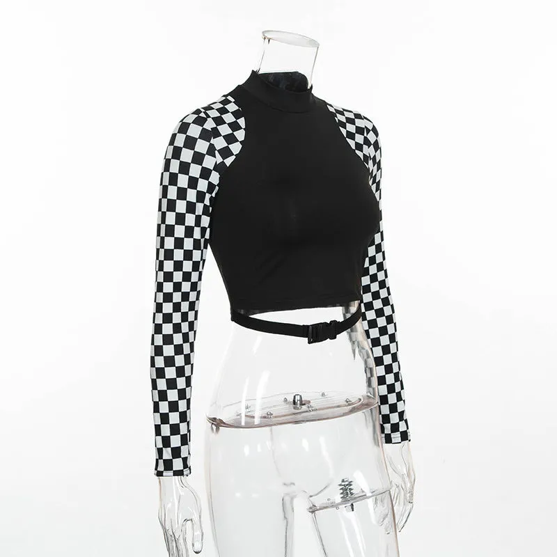 Splicing checkerboard patchwork plaid belt buckle crop top sexy long sleeves women gothic T-shirt