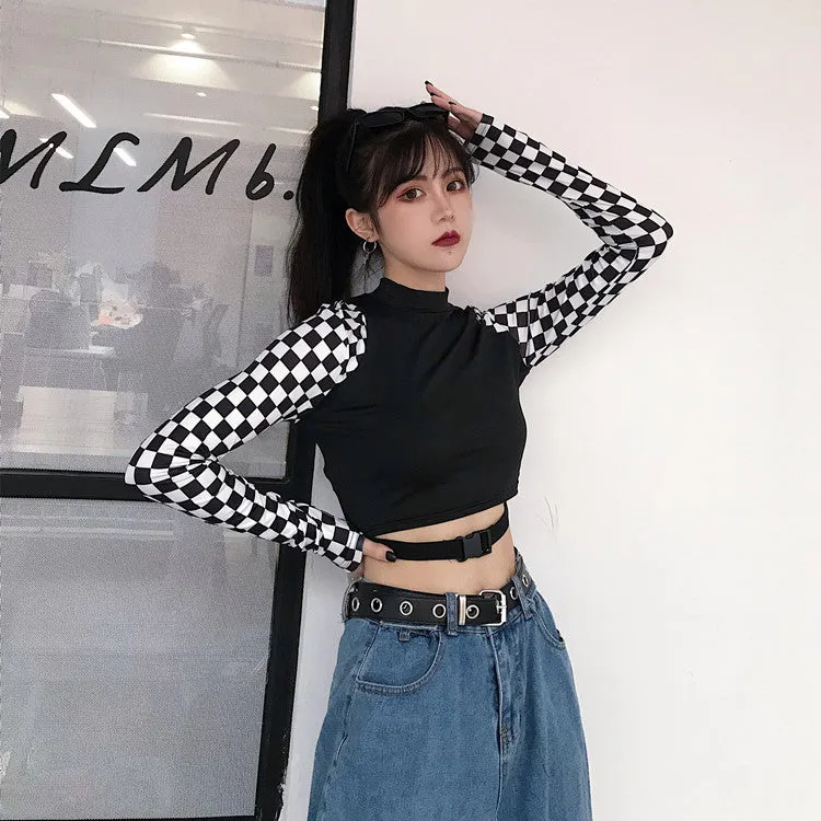 Splicing checkerboard patchwork plaid belt buckle crop top sexy long sleeves women gothic T-shirt