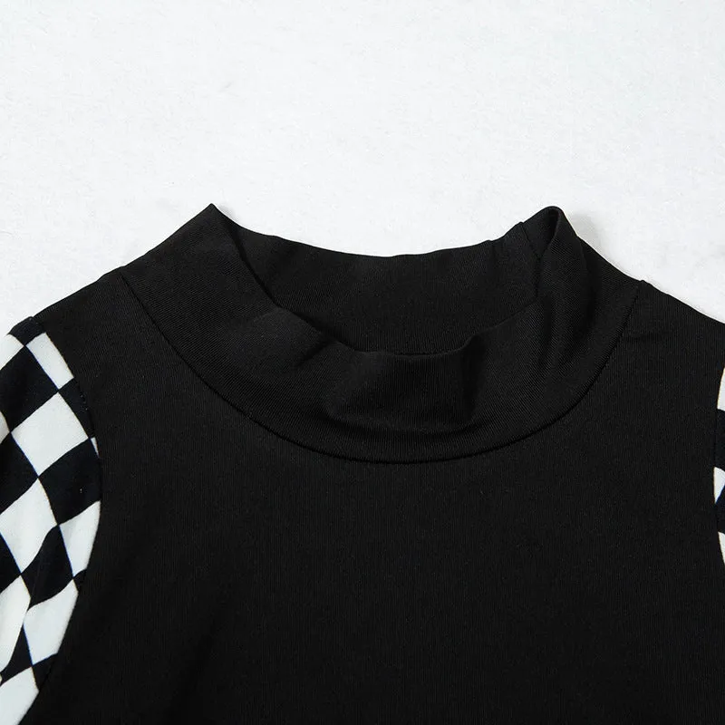 Splicing checkerboard patchwork plaid belt buckle crop top sexy long sleeves women gothic T-shirt