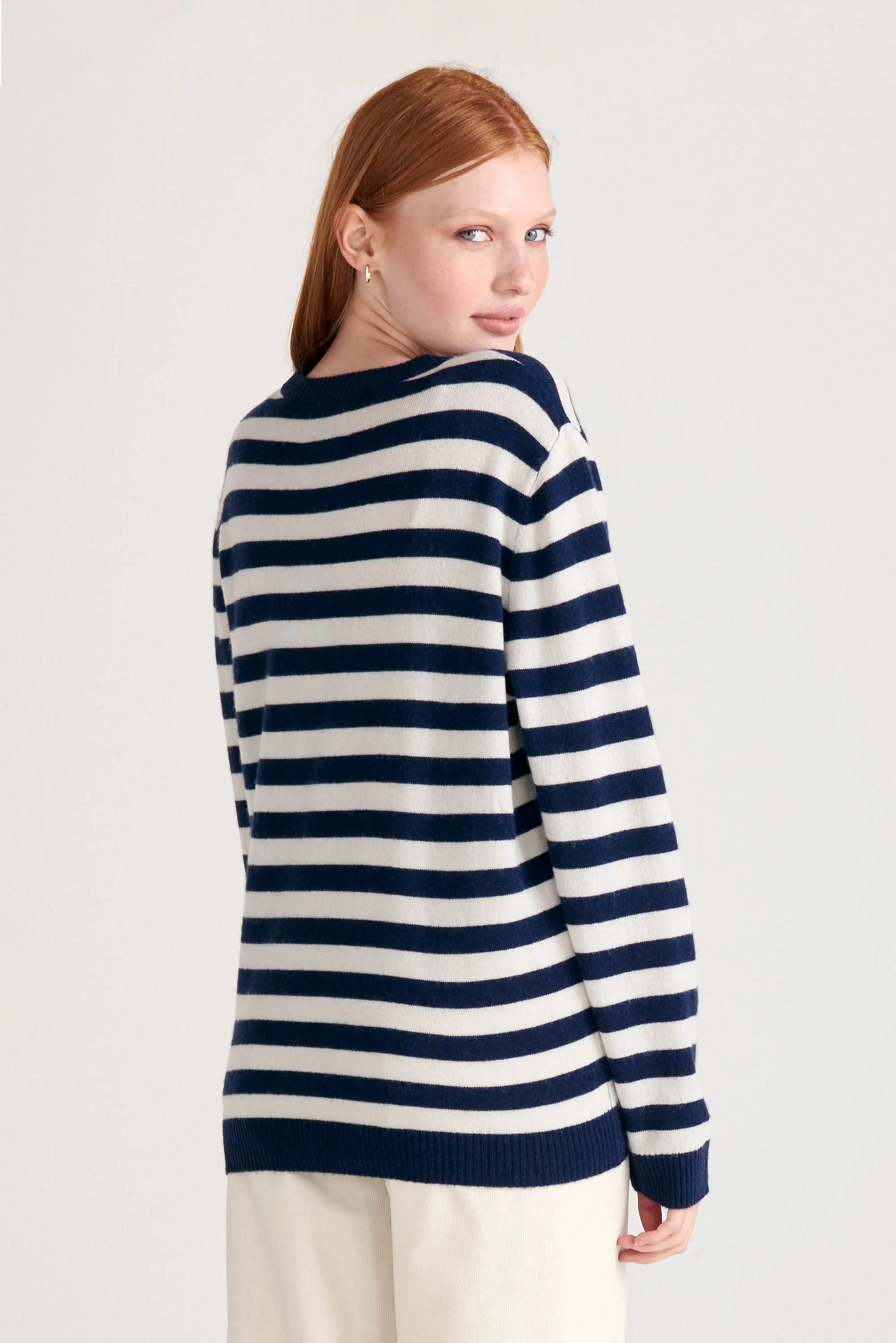 Stripe Love Hearts Cashmere Crew in Navy and Cream