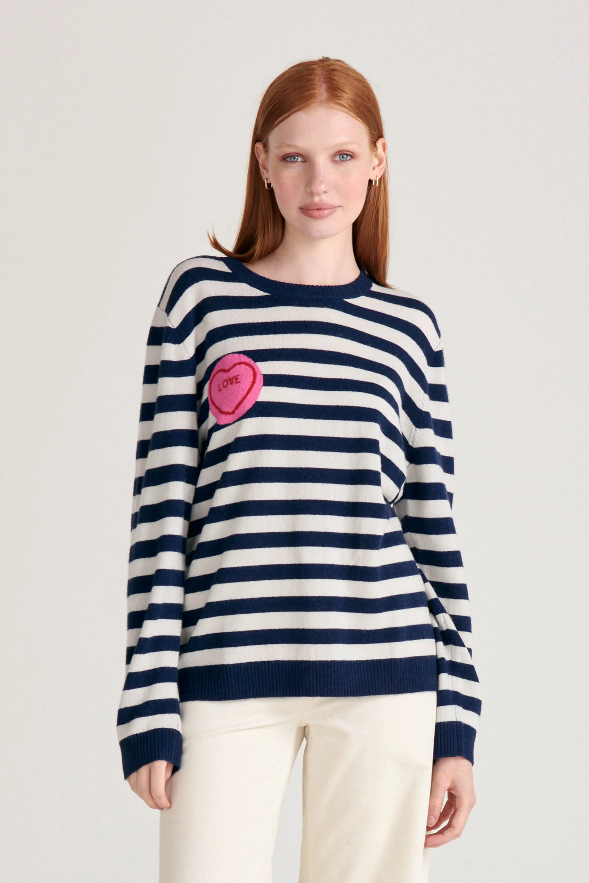 Stripe Love Hearts Cashmere Crew in Navy and Cream