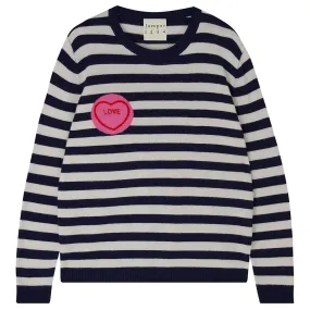 Stripe Love Hearts Cashmere Crew in Navy and Cream