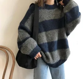 Striped Hand Knitted Sweater | Striped knitted sweater | Women Loose Pullover Sweater | Oversize Knitted Sweater | Casual Women girl Sweater