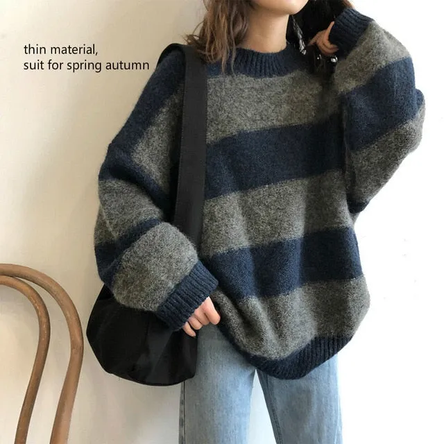 Striped Hand Knitted Sweater | Striped knitted sweater | Women Loose Pullover Sweater | Oversize Knitted Sweater | Casual Women girl Sweater