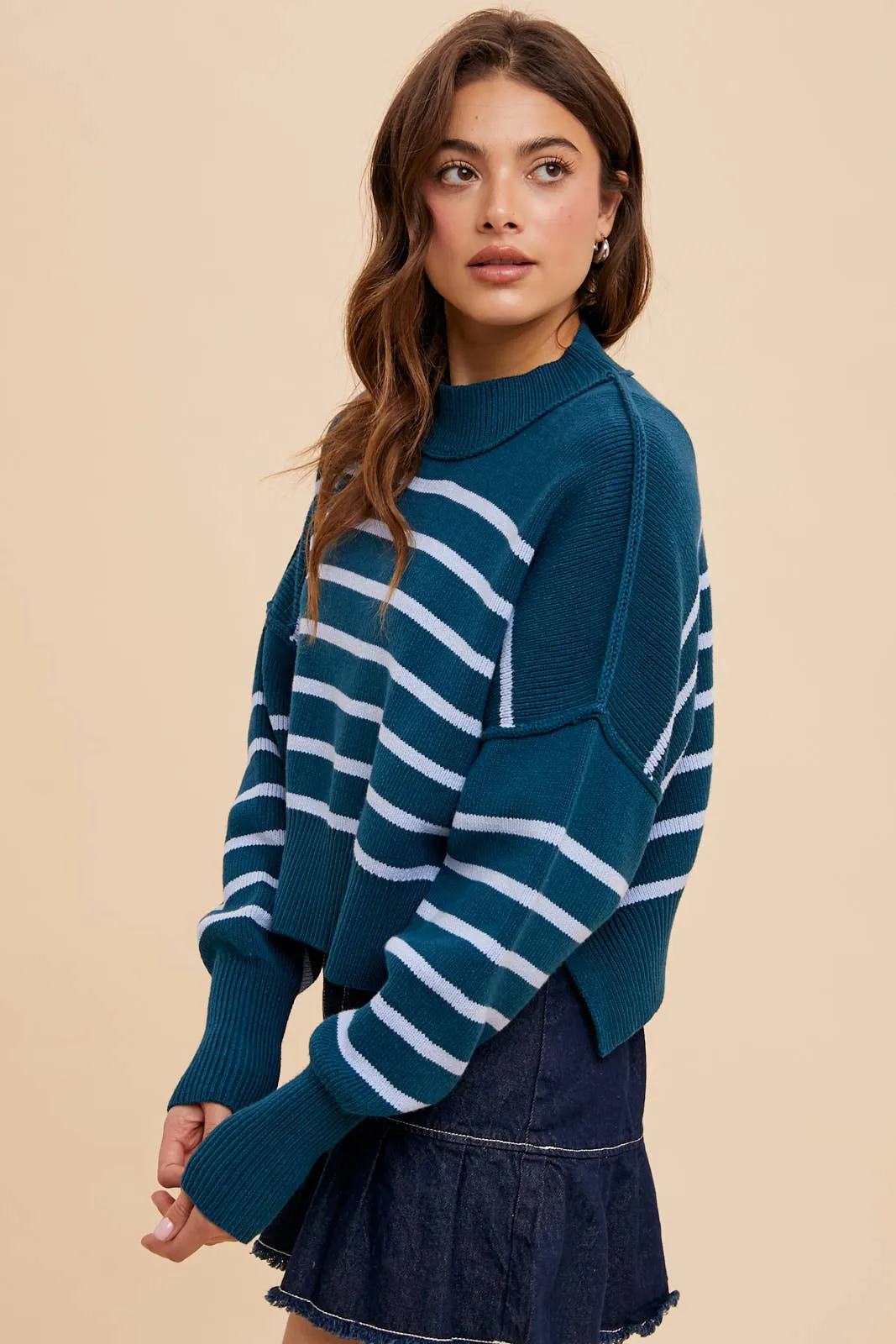 STRIPED MOCK NECK CROPPED SWEATER