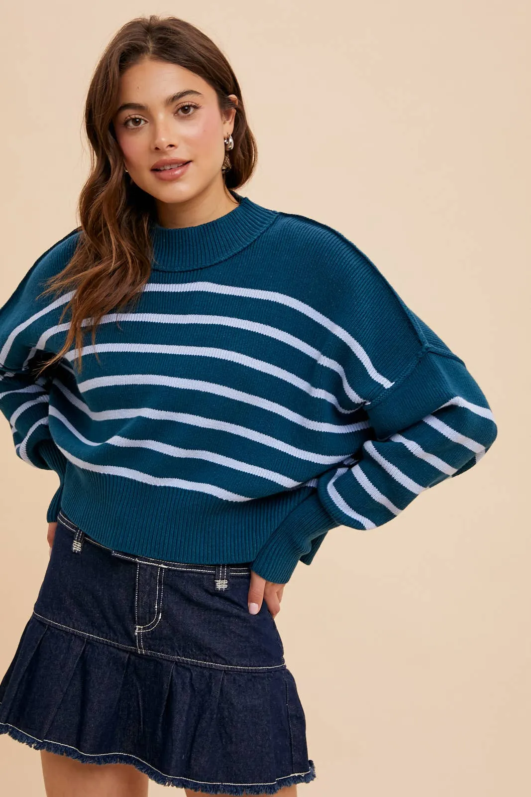 STRIPED MOCK NECK CROPPED SWEATER