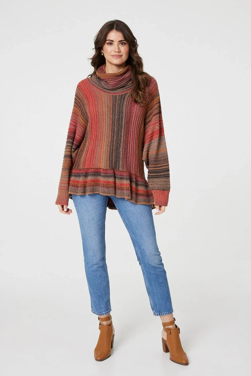 Striped Oversized Frill Roll Neck Jumper