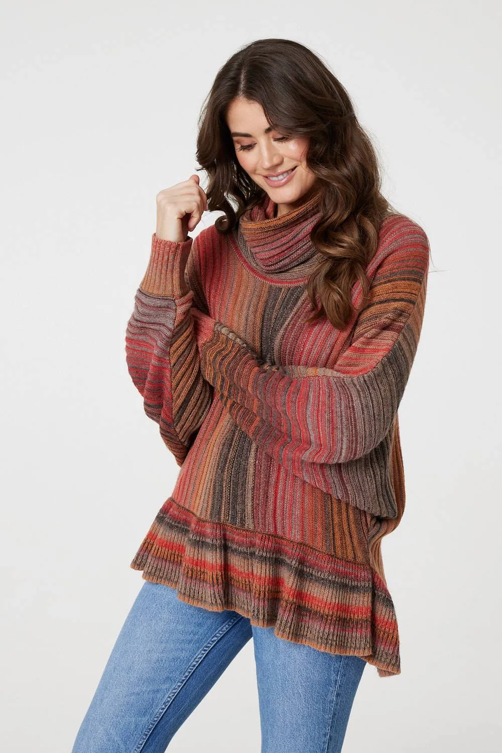 Striped Oversized Frill Roll Neck Jumper