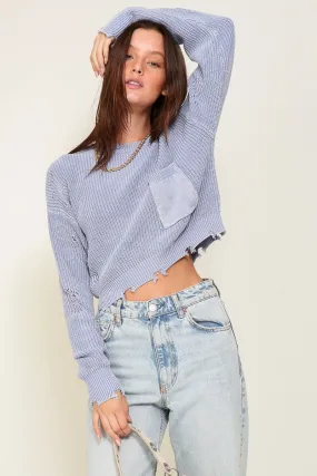 Sweater Crop - Distress Pocket -Blue