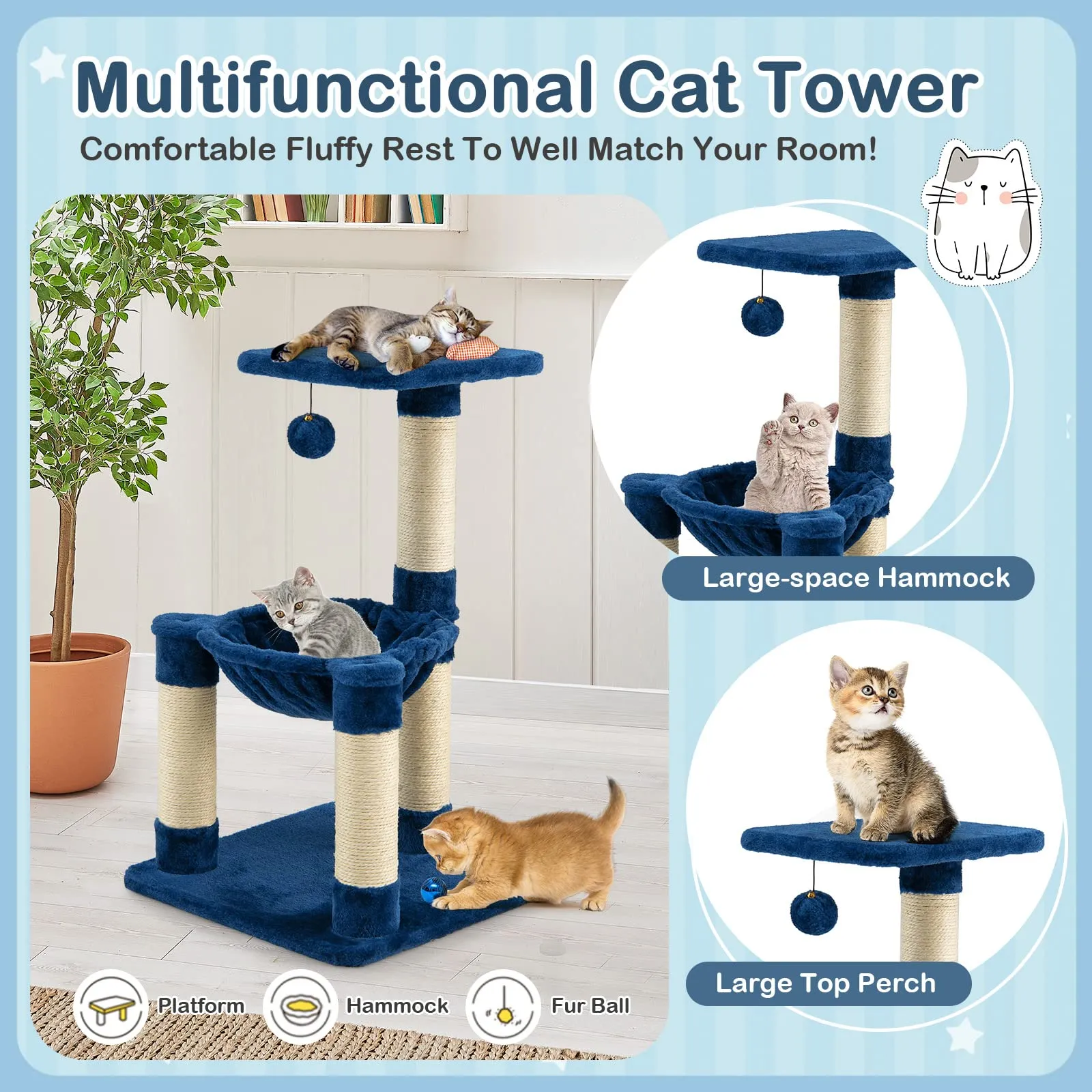 Tangkula Small Cat Tree for Indoor Cats, Cute Cat Activity Tree w/Top Perch, Cozy Hammock, Hanging Fur Ball