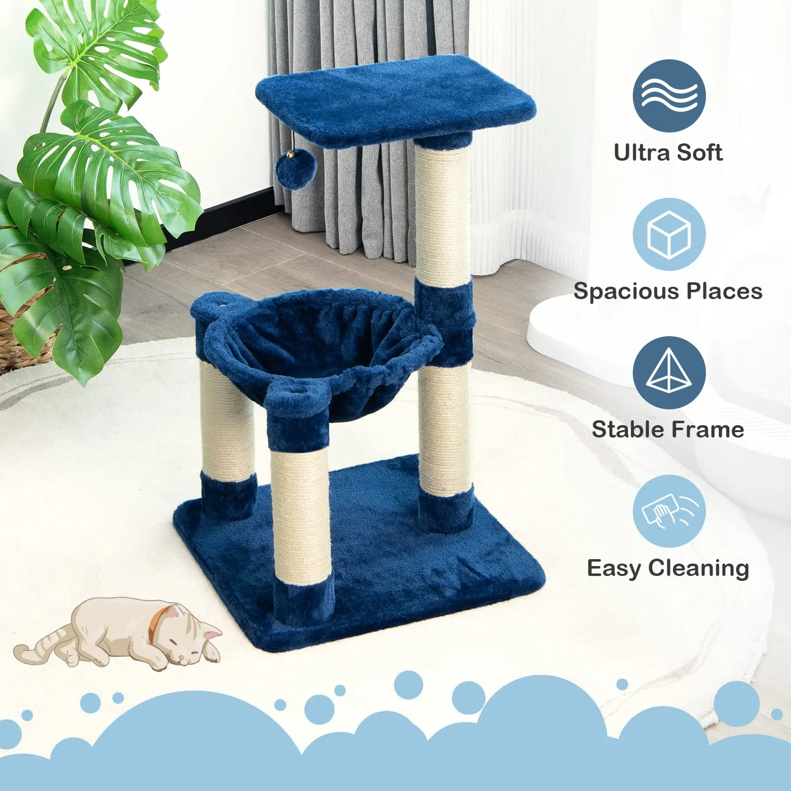 Tangkula Small Cat Tree for Indoor Cats, Cute Cat Activity Tree w/Top Perch, Cozy Hammock, Hanging Fur Ball