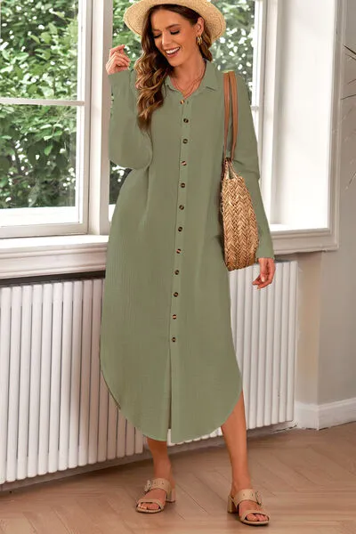 TEEK - Moss Button Up Long Sleeve Shirt Dress