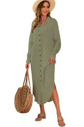 TEEK - Moss Button Up Long Sleeve Shirt Dress