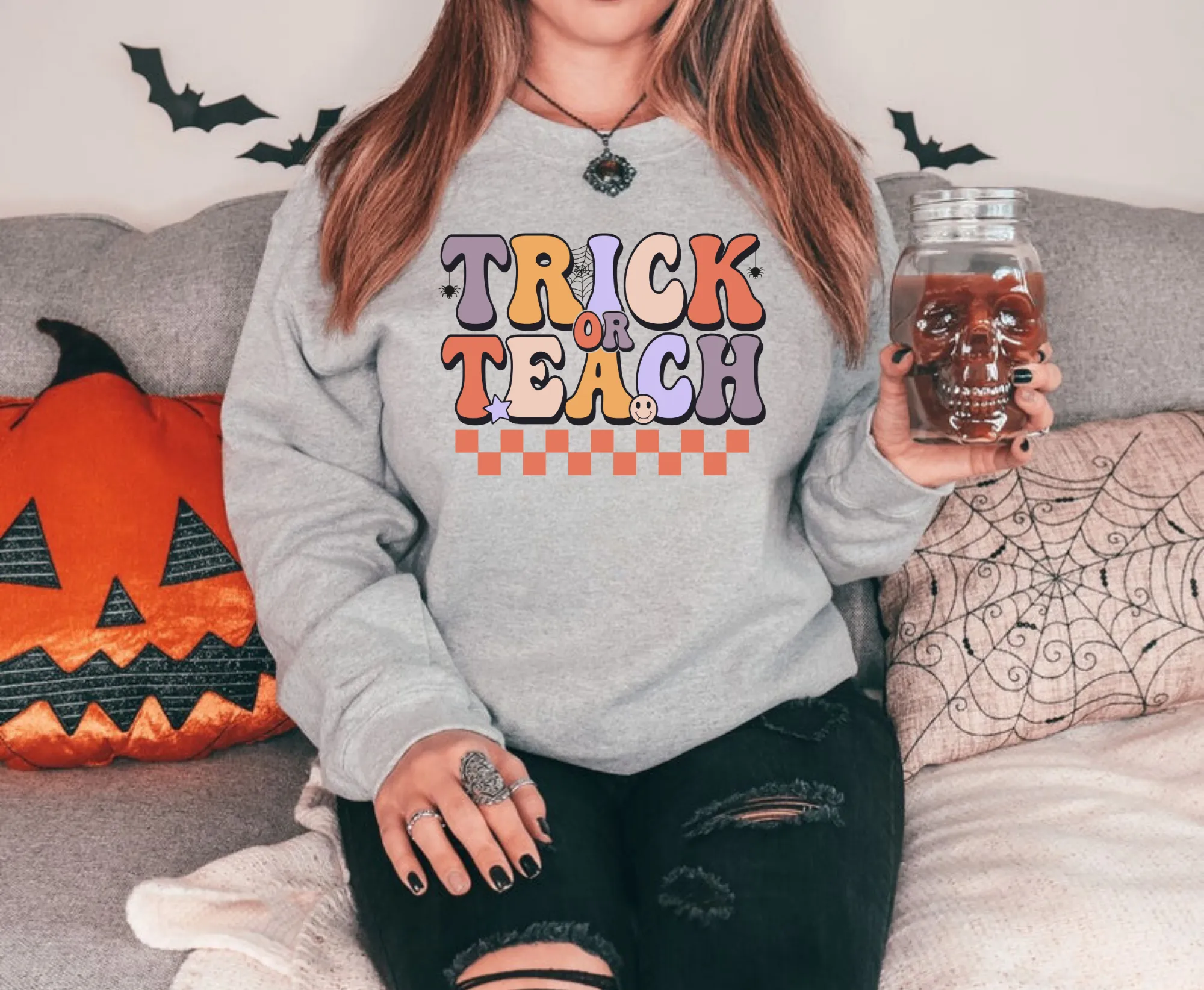 Trick or Teach Halloween Teacher Crewneck Sweatshirt