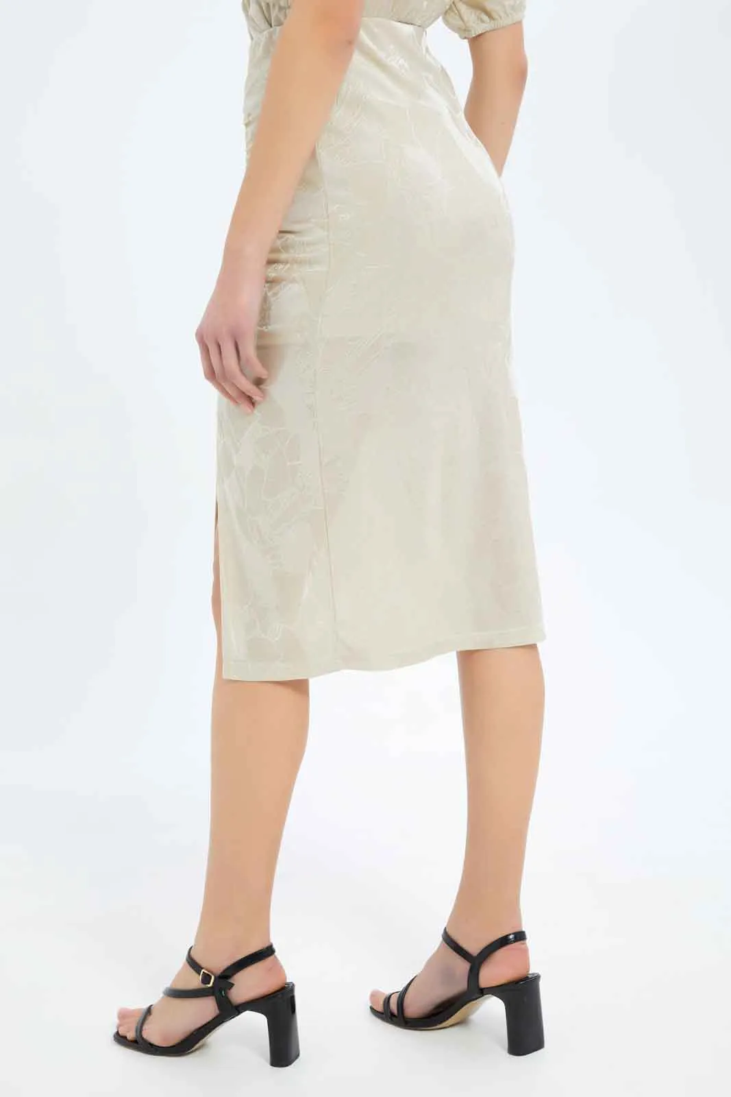 Women Beige Jacquard Ruched Skirt