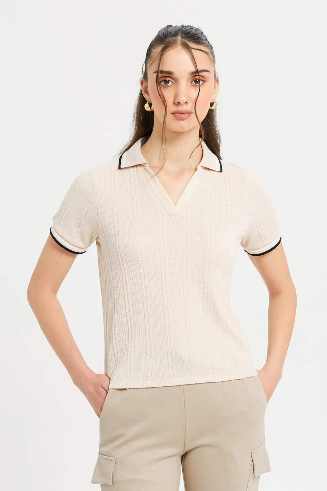 Women Beige Jacquard Top