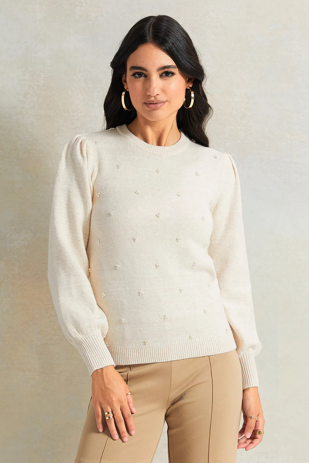 Women Beige Long Sleeve Pearl Beaded Pullover