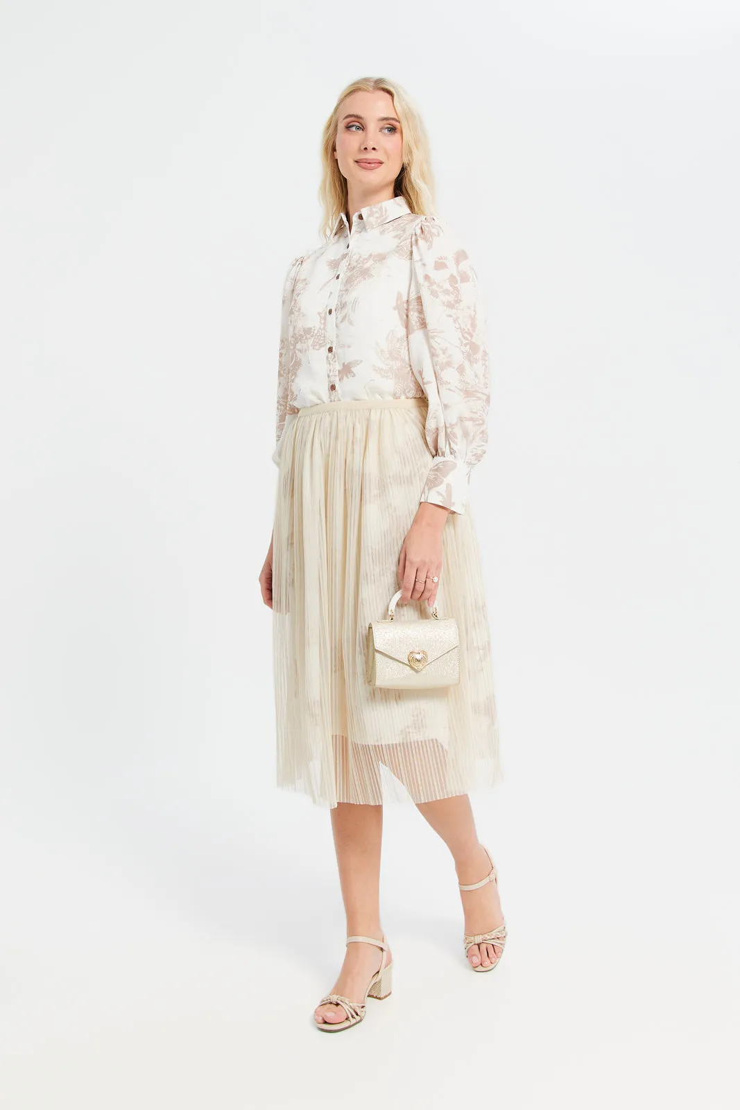 Women  Beige Sheer Lace Skirt