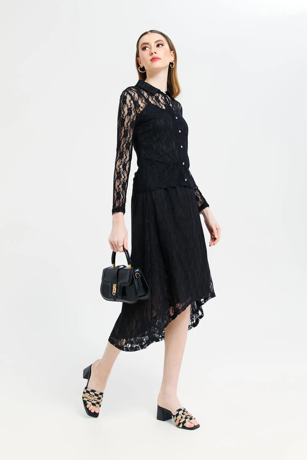 Women Black Gathered Lace Skirt