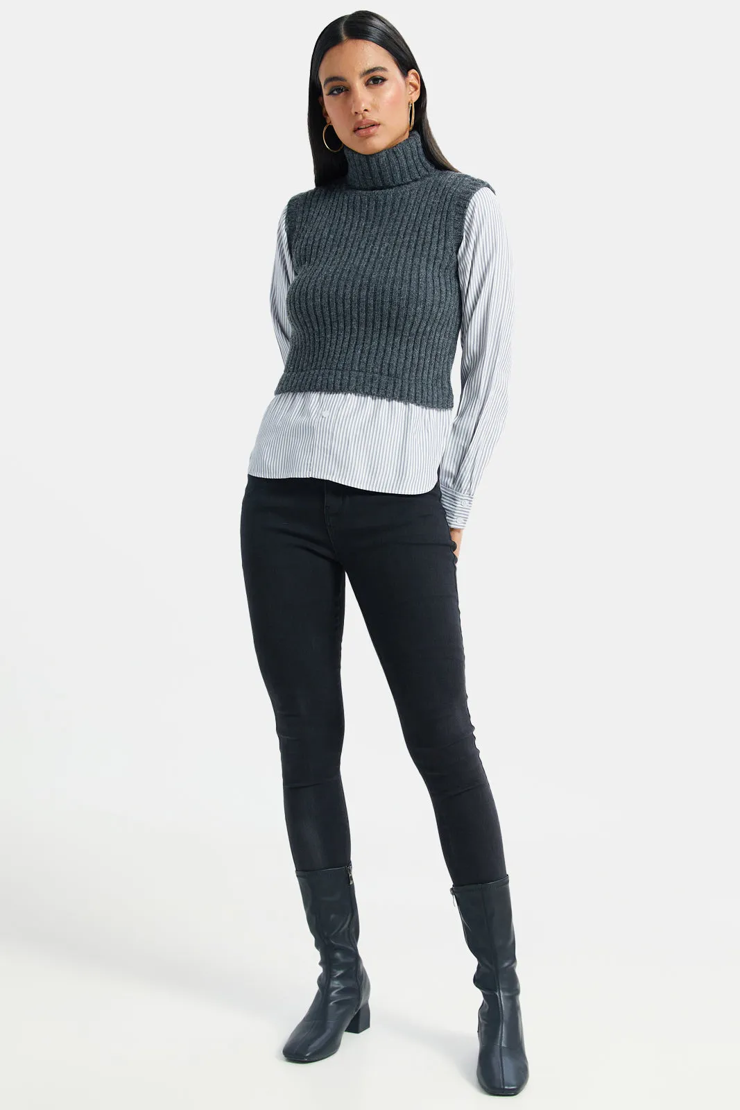 Women Charcoal Turtle Neck Top