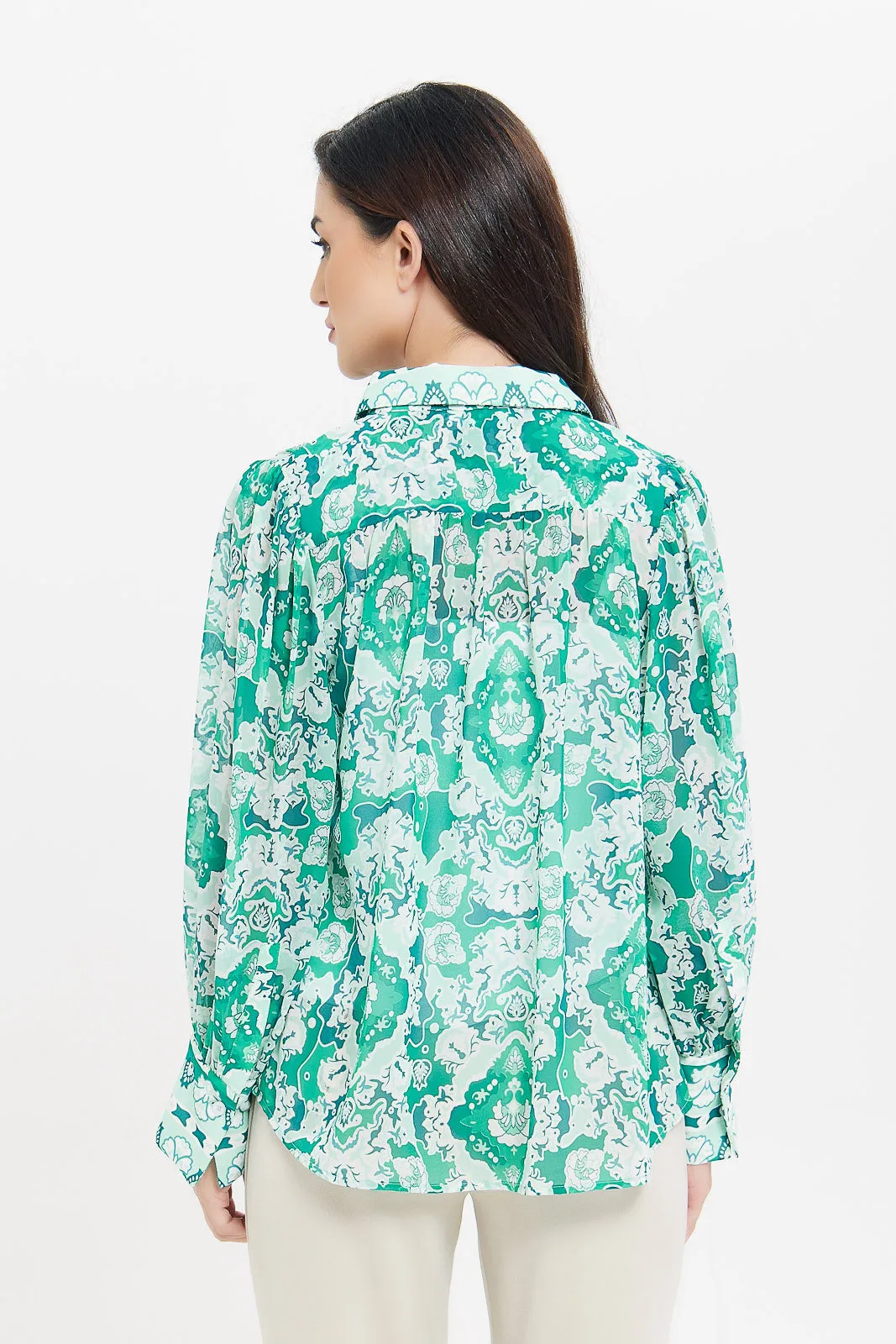 Women Green Printed Collared Blouse