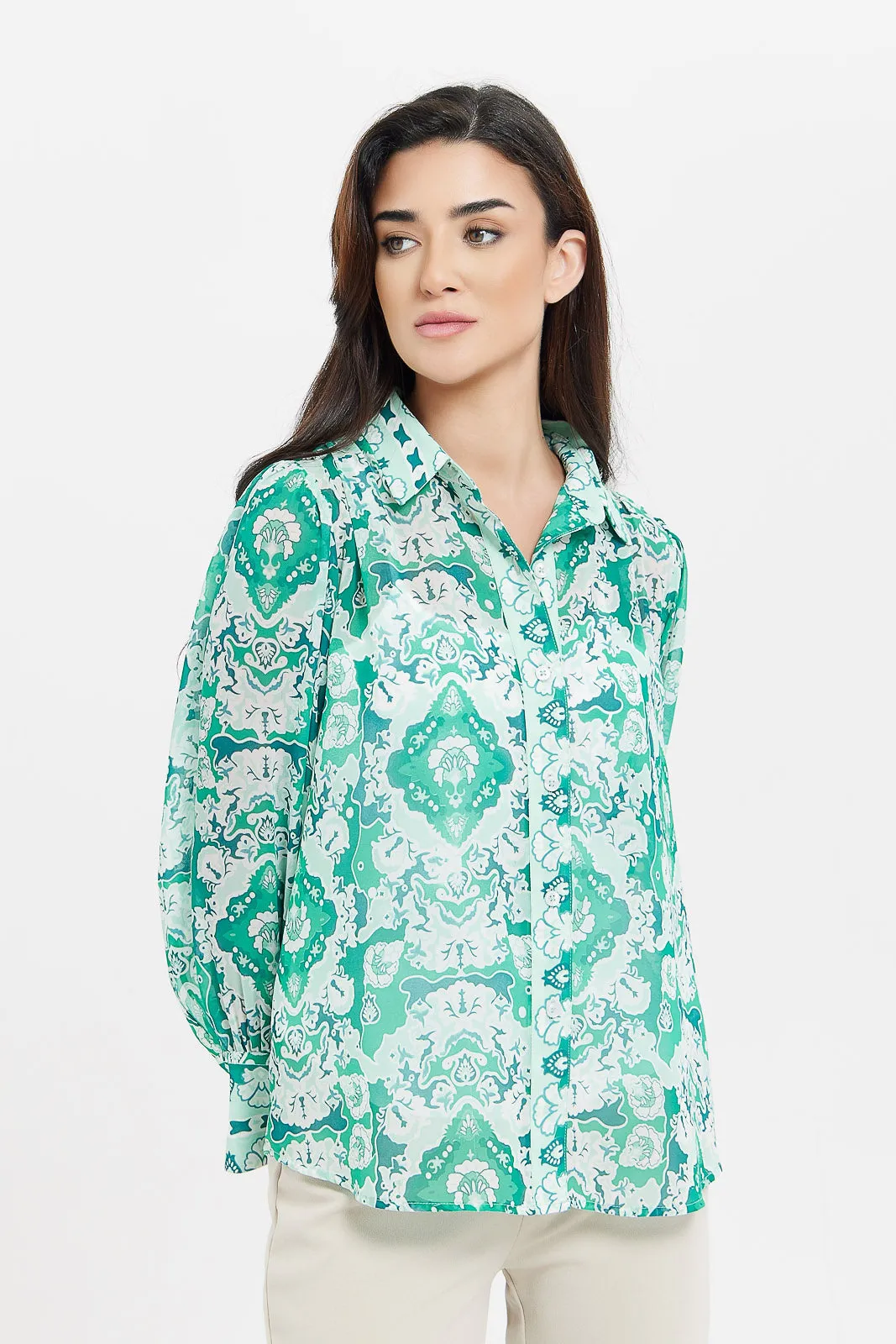 Women Green Printed Collared Blouse