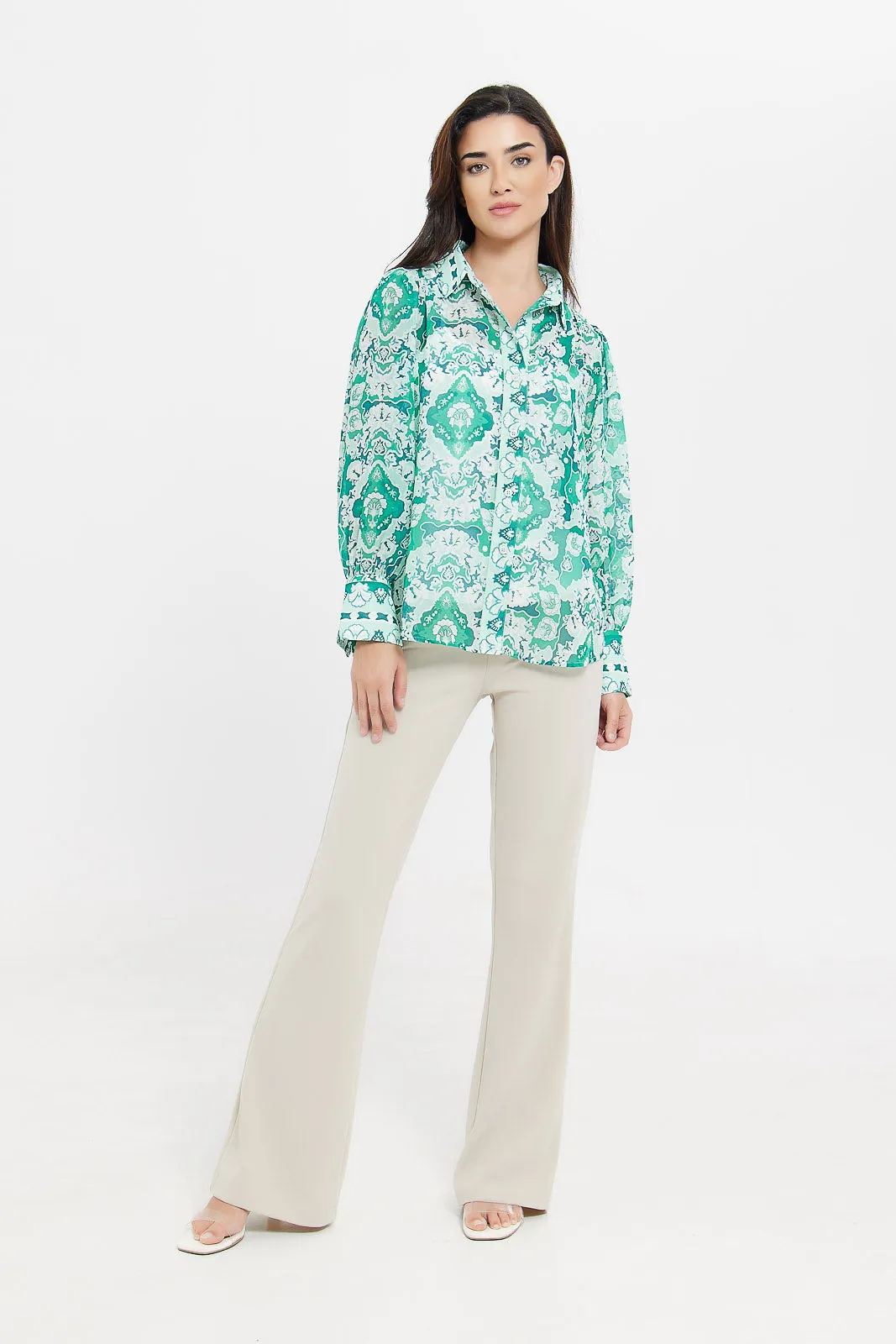 Women Green Printed Collared Blouse