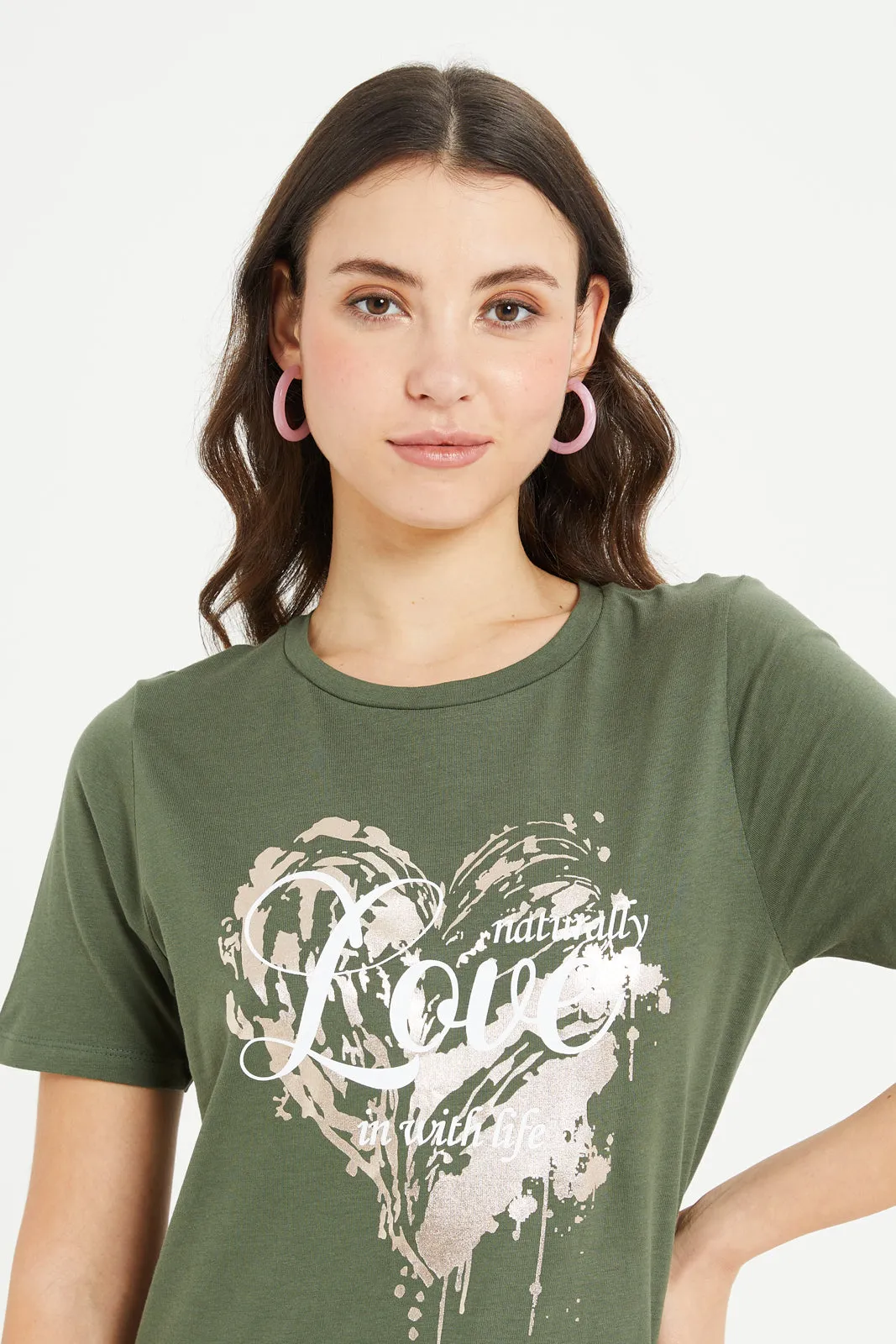 Women Olive Love Foil T-Shirt