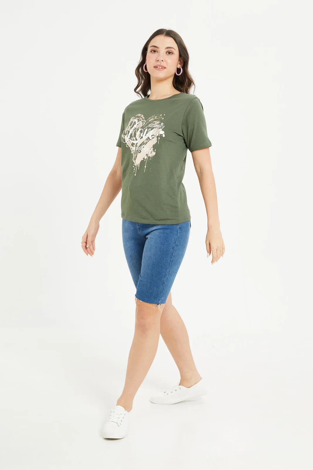 Women Olive Love Foil T-Shirt