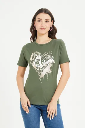 Women Olive Love Foil T-Shirt