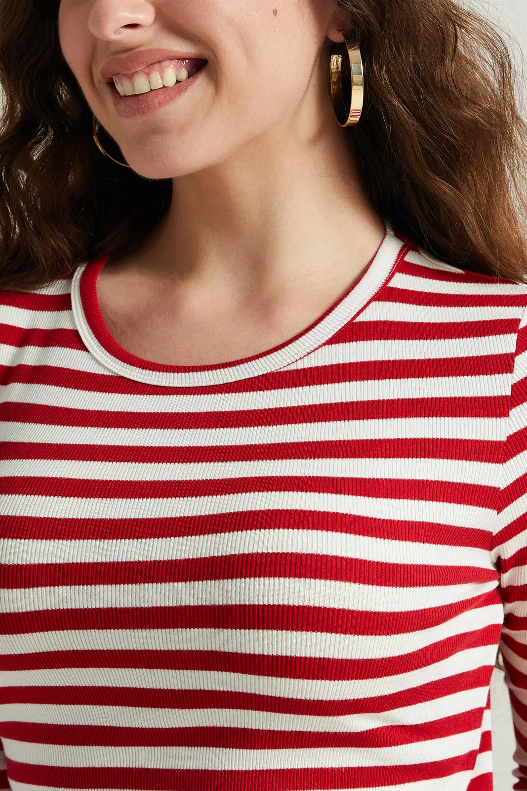 Women Red And Ivory Long Sleeved T-Shirt