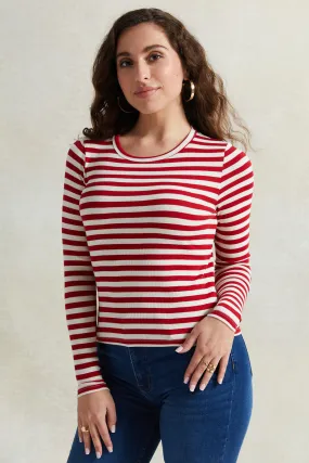 Women Red And Ivory Long Sleeved T-Shirt