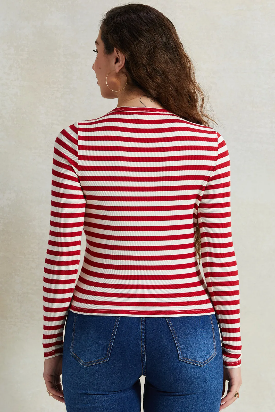 Women Red And Ivory Long Sleeved T-Shirt