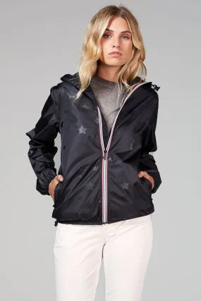 Women's Black Gloss Stars Full Zip Packable Rain Jacket and Windbreaker