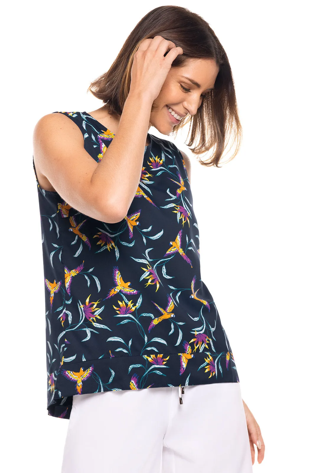 Women's St. Tropez Swing Tank Top  |  Navy Birds of Paradise