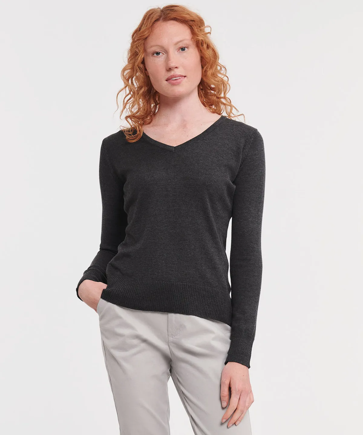 Womens v-neck knitted sweater | Charcoal Marl