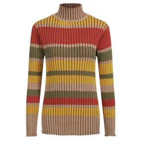 Women's vintage brown striped turtleneck knit T-shirt